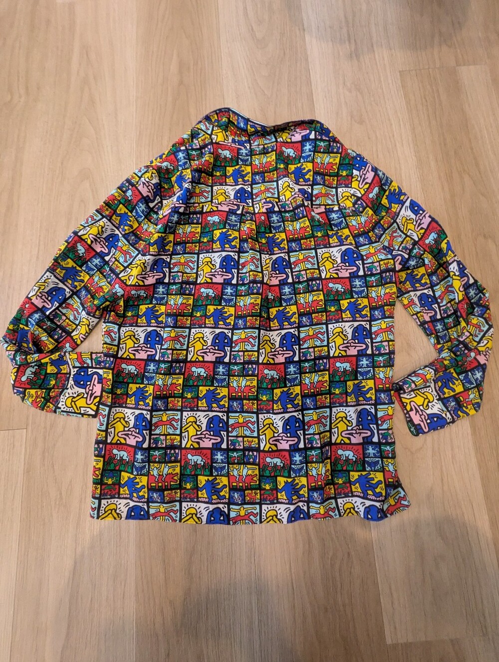 Alice + Olivia Keith Haring Dancing Figure Long Sleeve Button Up Silk